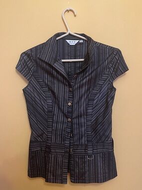 Cap-Sleeve Striped Button-Down Shirt - Black